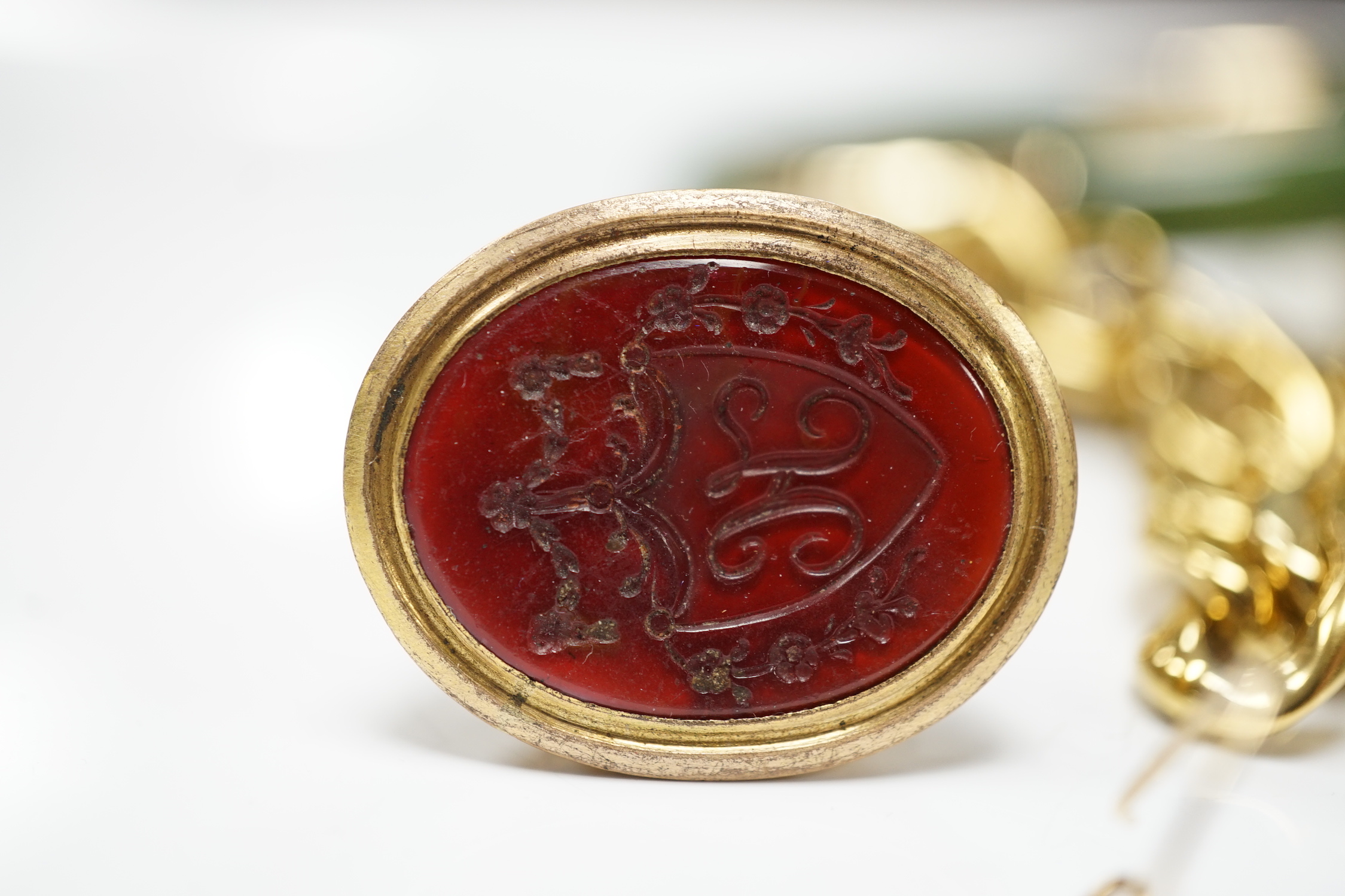 A 19th century yellow metal and seed pearl set mourning clasp, 15mm and other assorted jewellery including costume.
